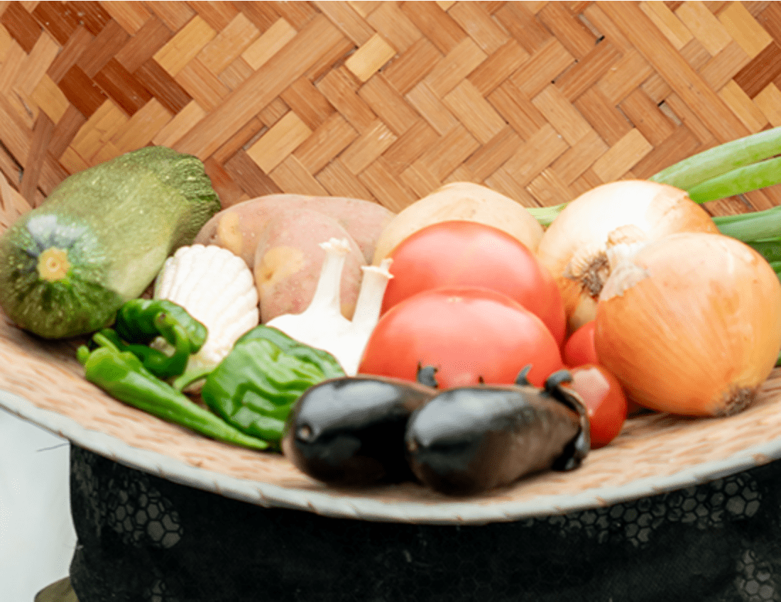 かごに入った新鮮な野菜たちのアップ画像